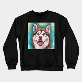 Brown and White Siberian Husky Smiling on Blue background Crewneck Sweatshirt